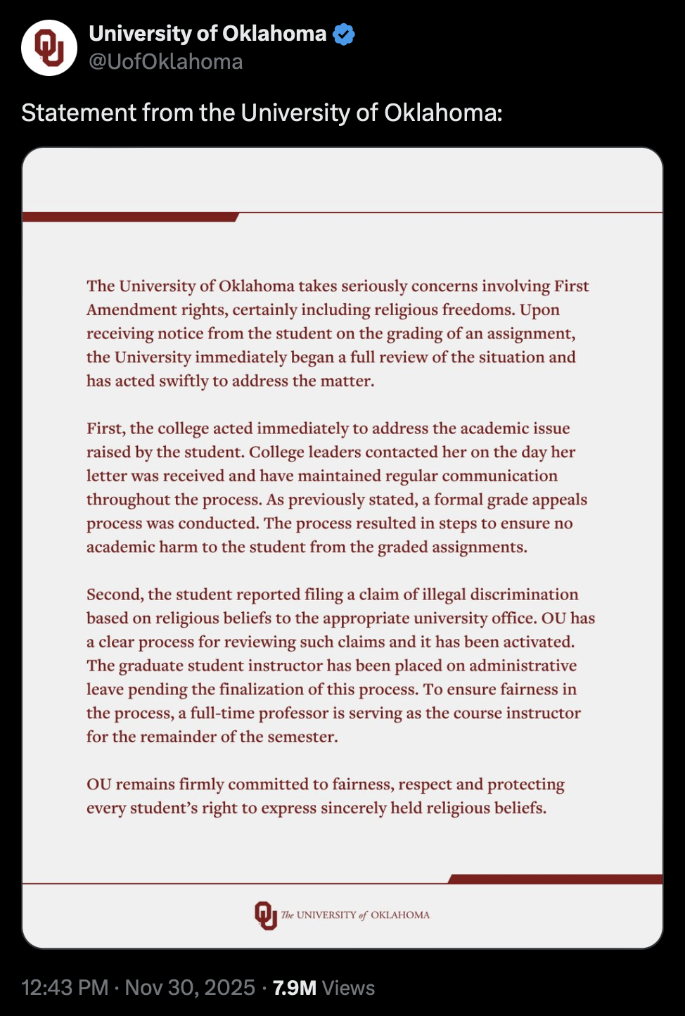 The X post by University of Oklahoma.